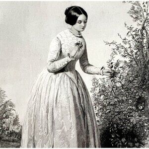Parterre Garden Flowers Engraving 1859 Beautiful Victorian Woman Art DWY5E